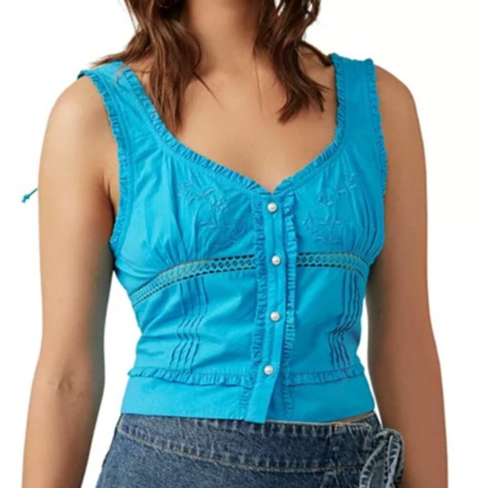 Free People Kerry Crop Top Womens S Blue Smocked Lace Butterfly Tank Cami
